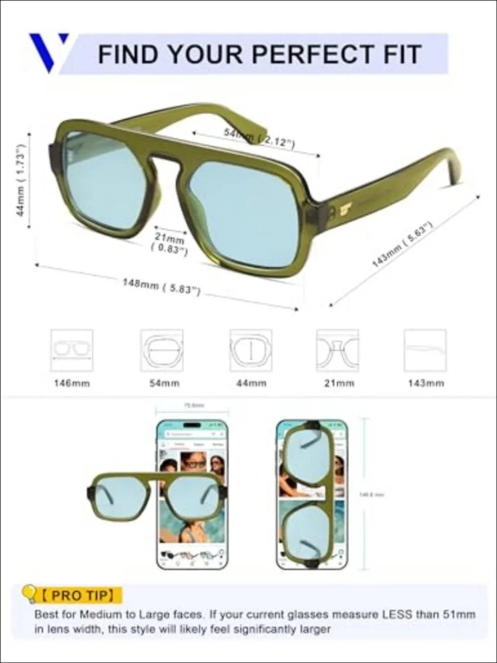 Retro Square Aviator Sunglasses UV400 Oversized Full Frame